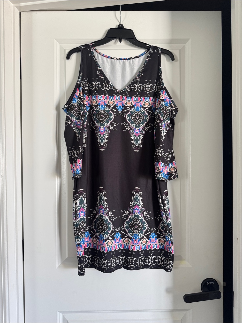 Black Cold-Shoulder Printed Dress with Pink & Blue Accents